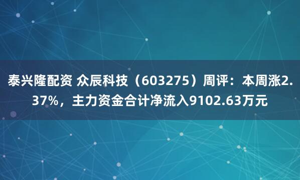泰兴隆配资 众辰科技（603275）周评：本周涨2.37%，主力资金合计净流入9102.63万元